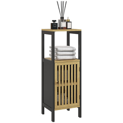HOMCOM Bamboo-Blend Retro Cut-Out Bathroom Storage Unit, with Cupboard 