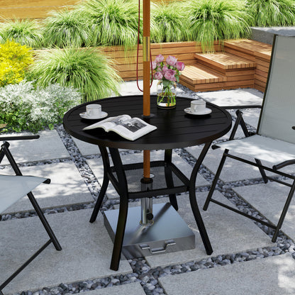 Outsunny 90 cm Garden Dining Table with 4-5 cm Parasol Hole, Round Outdoor Dining Table, Steel Garden Table with Slatted Metal Top and Wire Shelf for Balcony, Porch, Black 