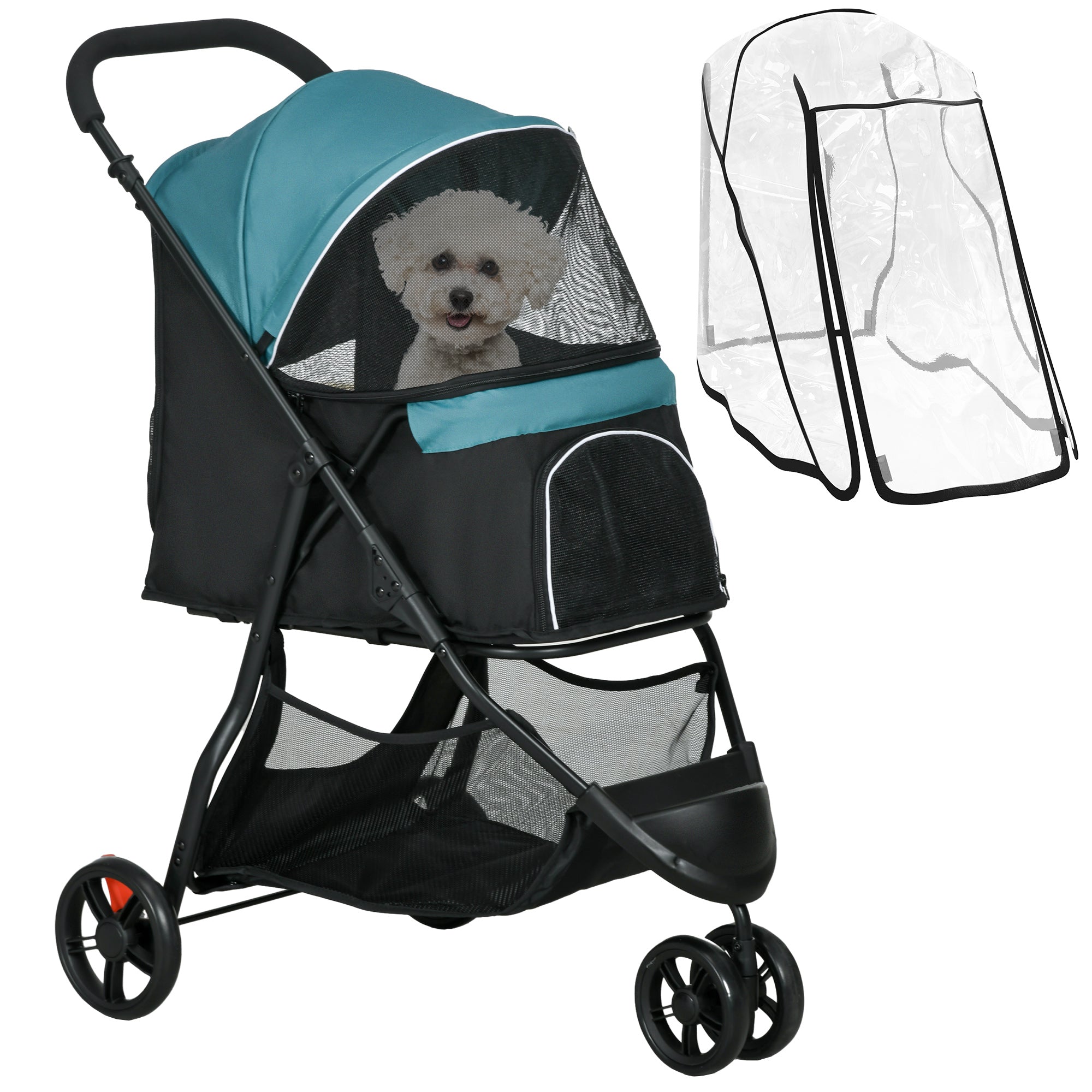 PawHut Foldable Pet Stroller w/ Rain Cover, for XS Dogs, S Dogs - Dark Green 