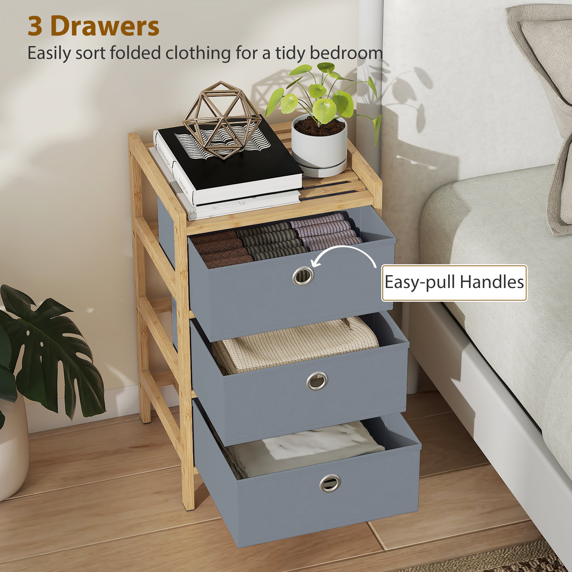 HOMCOM Chest of Drawers, 3 Fabric Drawers Narrow Dresser with Bamboo Frame, Light Grey 