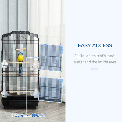 PawHut Large Metal Bird Cage with Stand, Perches, Food Bowls, Swing, for Budgies, Parakeets, Black 
