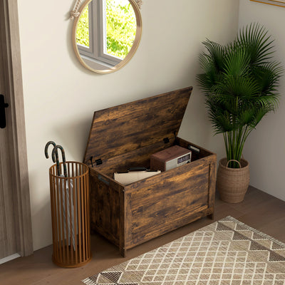 HOMCOM Storage Chest, Modern Storage Trunk with 2 Safety Hinges and Cut-out Handles, Wooden Toy Box for Living Room, Entryway, 76 x 40 x 48 cm, Rustic Brown 