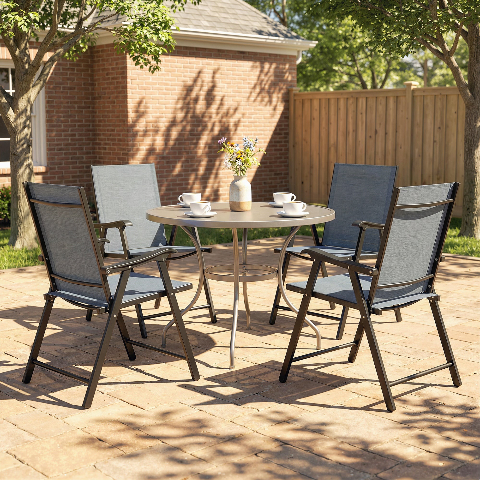 Outsunny Folding Garden Chairs Set of 4, Foldable Garden Dining Chairs with High Back, Armrests, Texteline Seat, Light Grey 