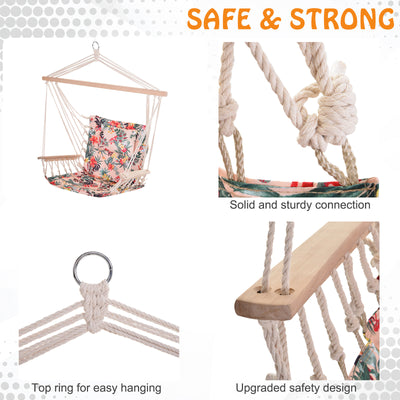 Outsunny Garden Outdoor Hanging Hammock Chair Thick Rope Frame Wooden Arms Safe Wide Seat Garden Outdoor Spot Stylish Multicoloured floral 