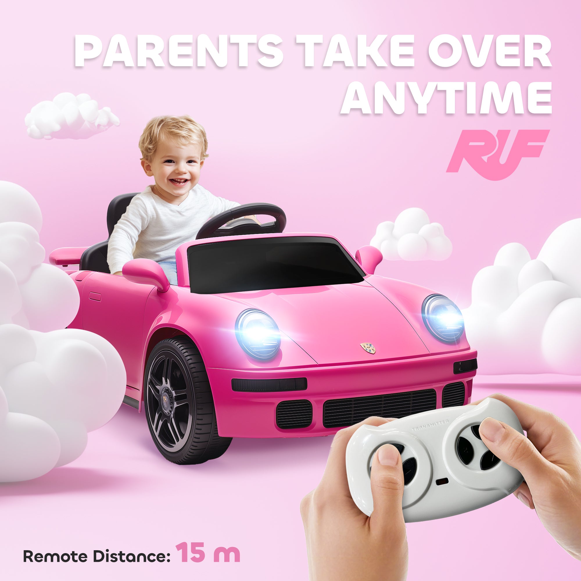 AIYAPLAY Licensed RUF CTR 2017 Electric Car for Kids, with Remote Control, Soft Start, MP3 Player, LED Lights, Pink