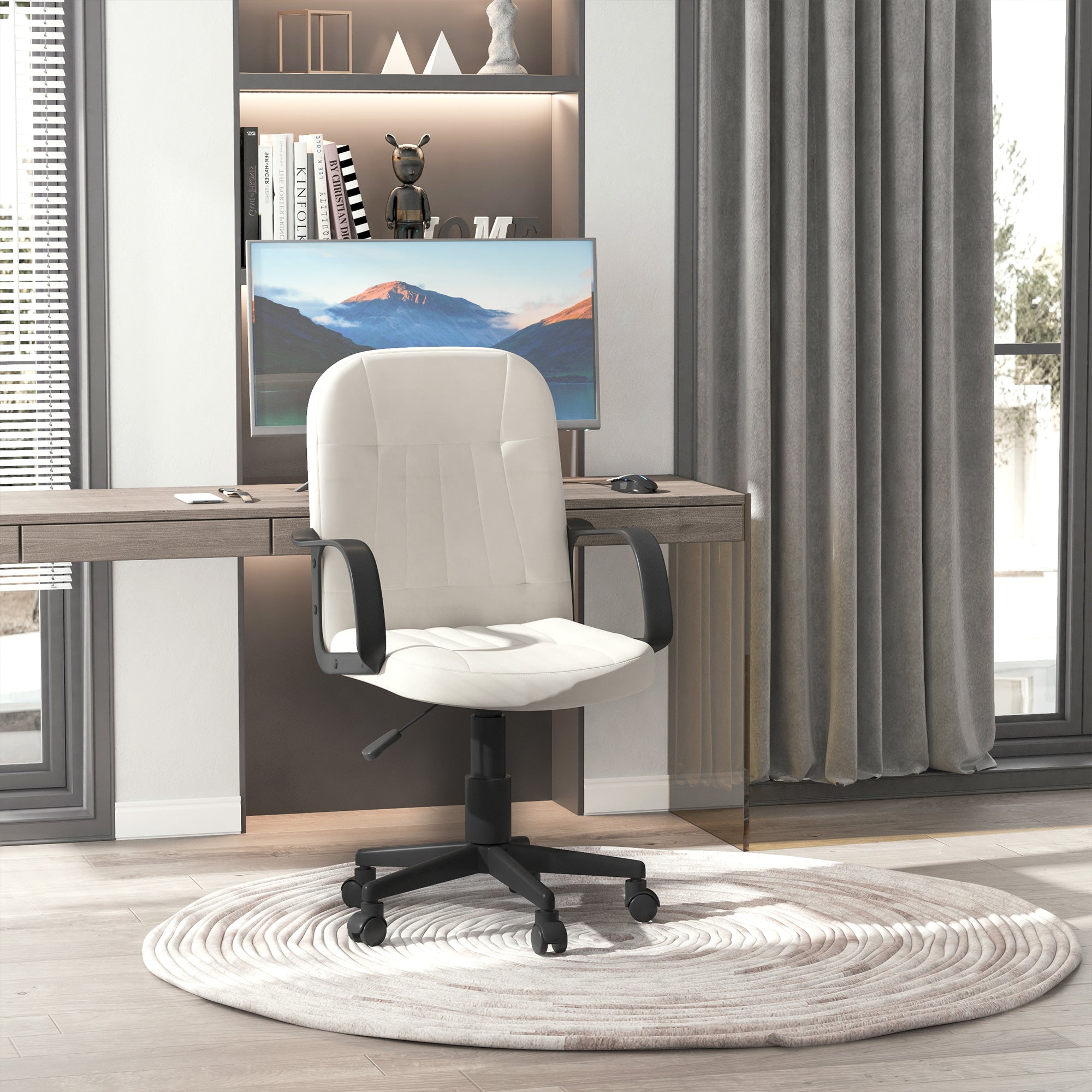 HOMCOM Swivel Executive Office Chair Home Mid Back PU Leather Computer Desk Chair for Adults with Arm, Wheels, Cream 