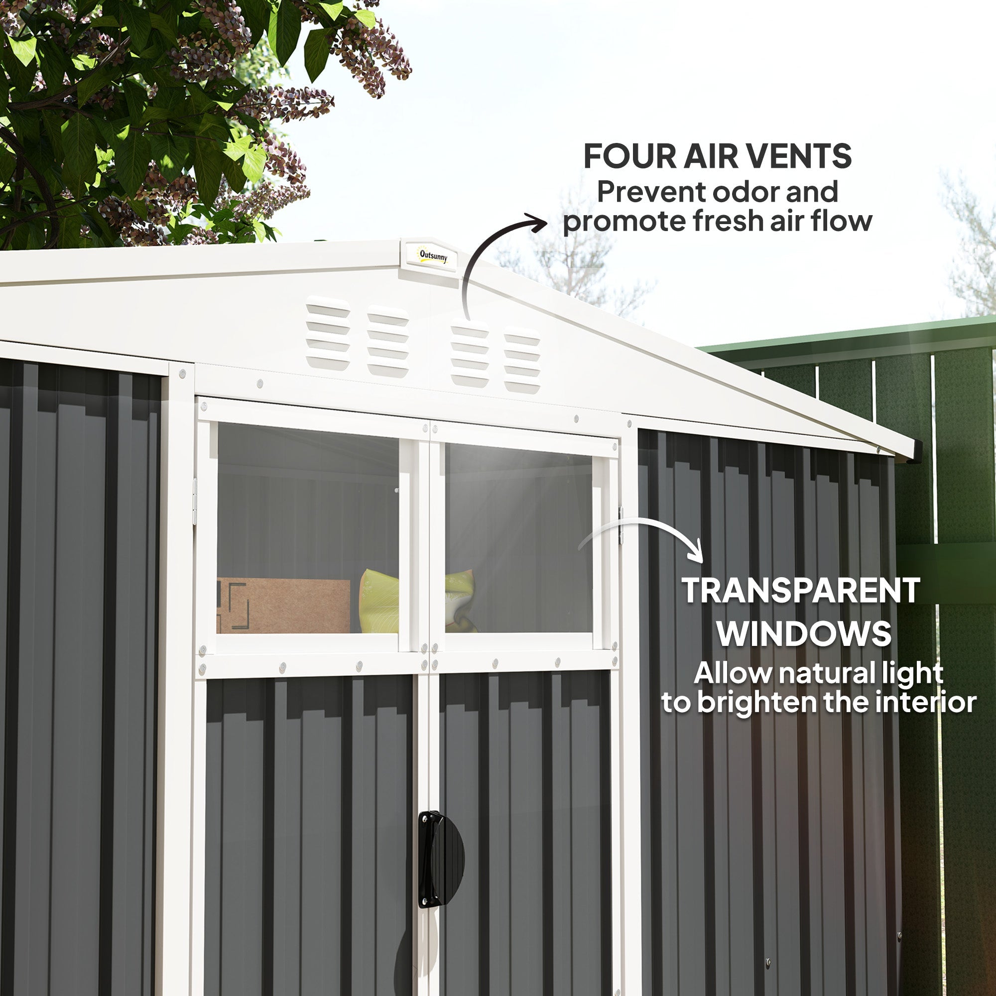 Outsunny 8 x 4 ft Metal Garden Shed, Garden Storage Shed with Window, 4 Vents and Lockable Door, Waterproof Galvanised Steel Tool Storage Shed, Dark Grey 