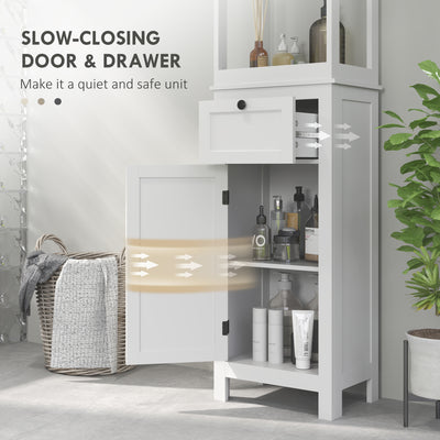 HOMCOM Tall Bathroom Cabinet, Slim Bathroom Storage Cabinet with 2 Open Shelves, Soft Close Door and Drawer, Adjustable Shelf, Narrow Cupboard Storage Unit, White 