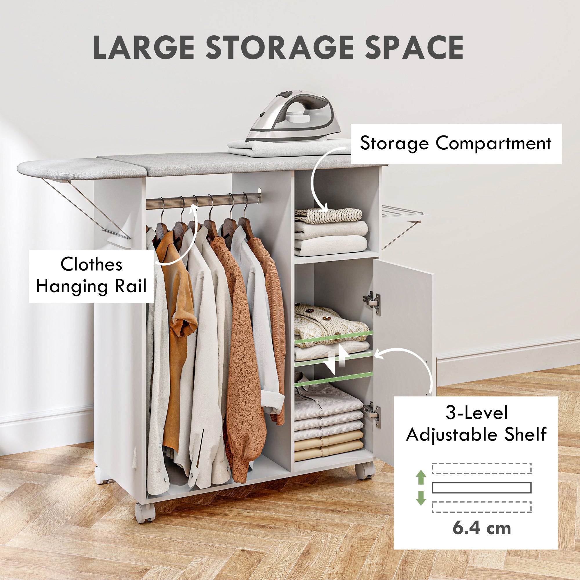 HOMCOM Rolling Ironing Board Cabinet, Foldable Ironing Station with Storage, Wheels for Home, Laundry Room, White 
