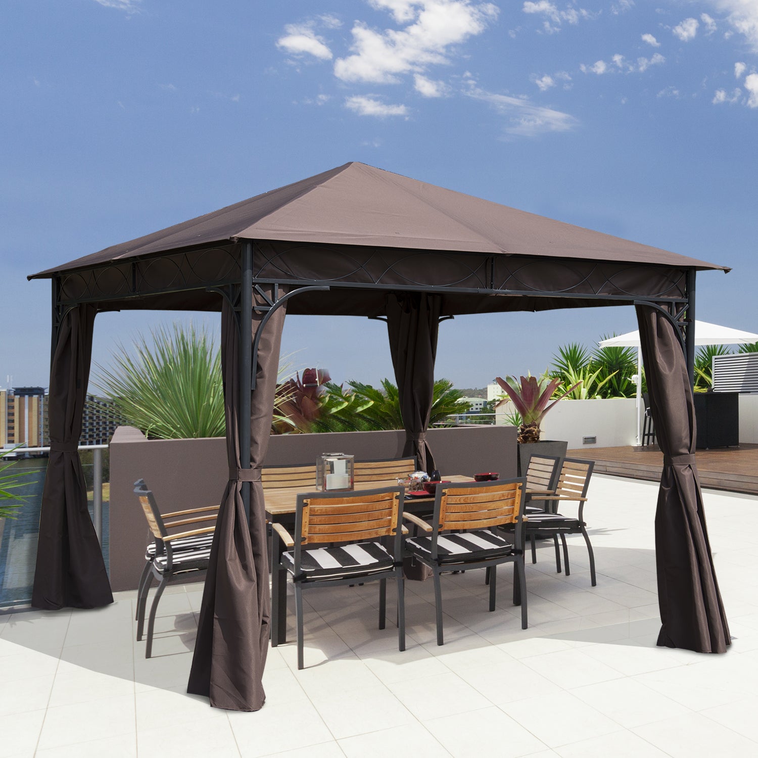 Outsunny 3 x 3(m) Garden Gazebo, Outdoor Gazebo Canopy Shelter with Curtains and Steel Frame for Lawn, Yard and Deck, Coffee 
