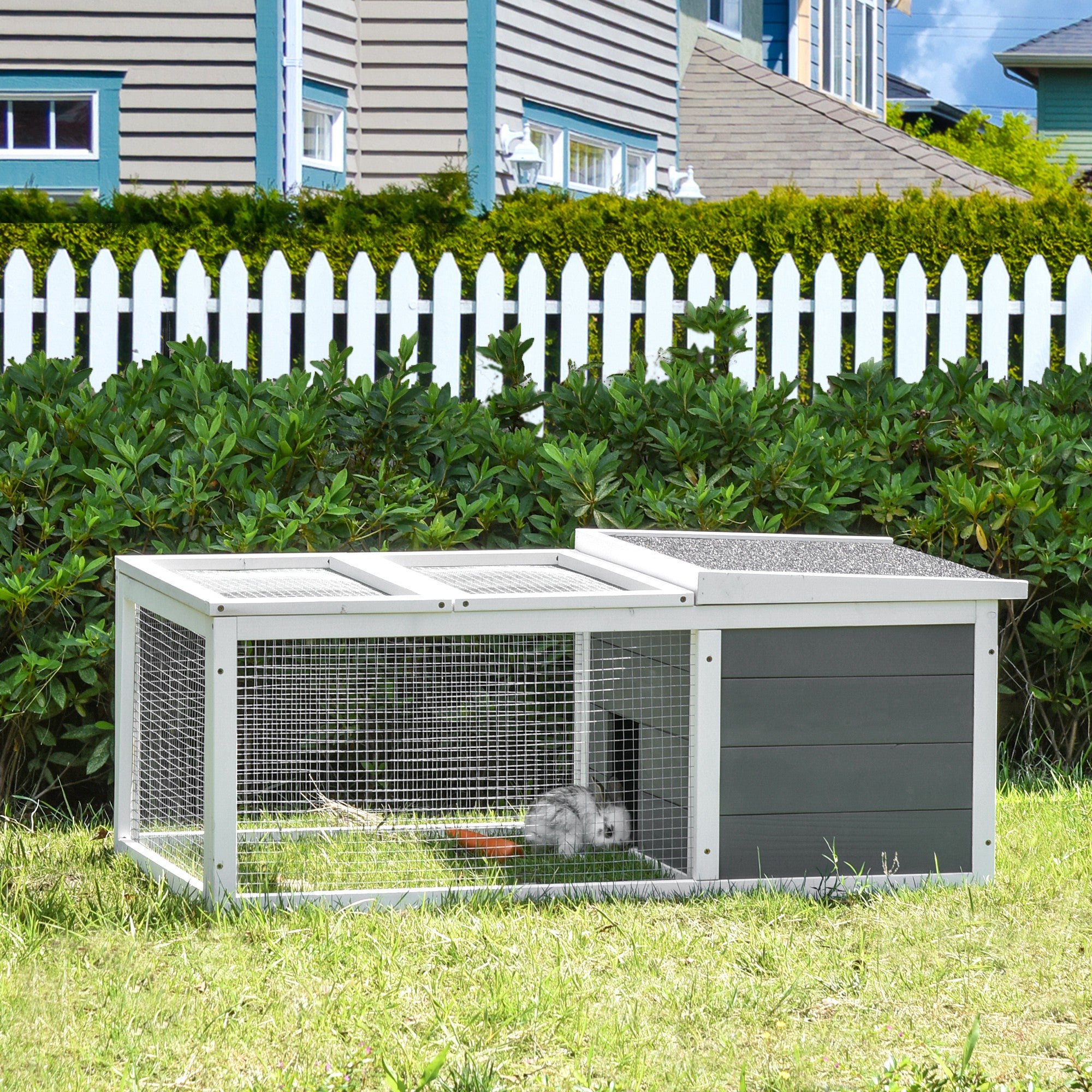 PawHut Rabbit Hutch Guinea Pig Hutch Wooden Small Animal Cage Rabbit Run Duck House with Openable Roof for Indoor Outdoor 115 x 66 x 47.5 cm 