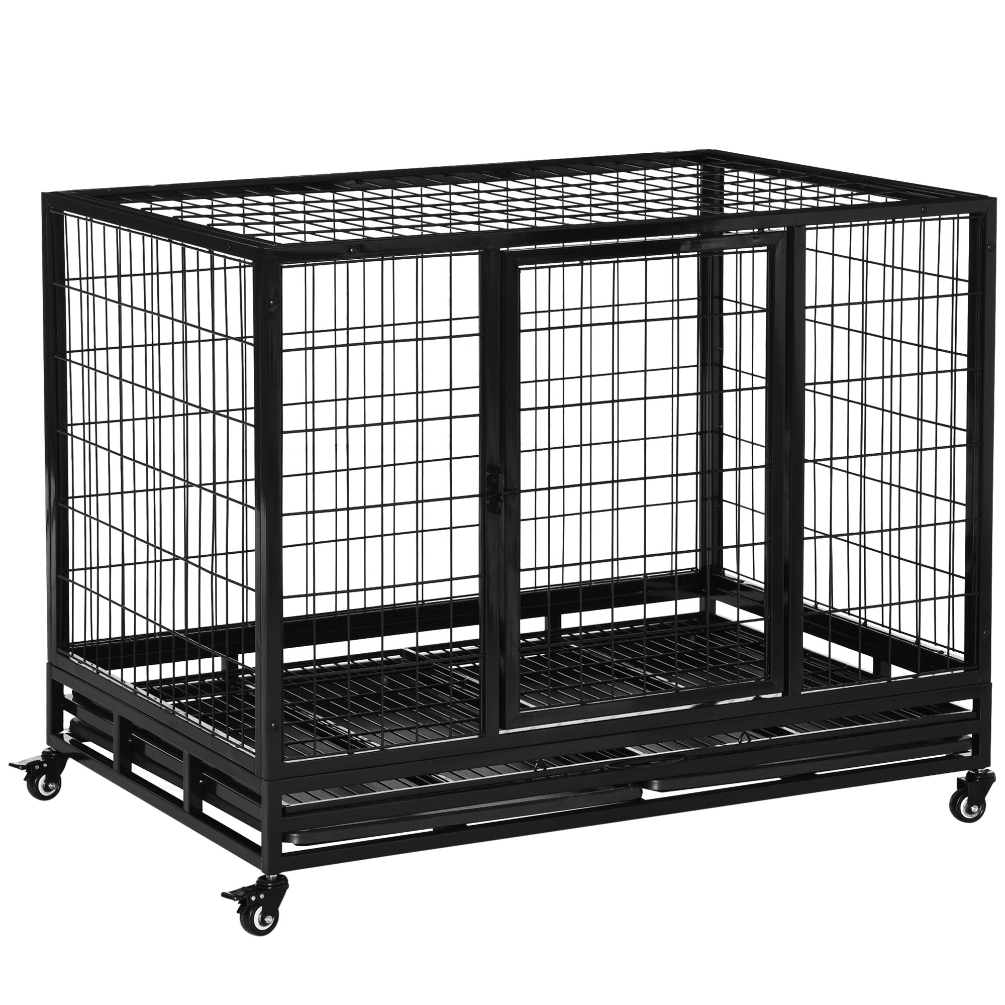 PawHut 43" Heavy Duty Metal Dog Crate Pet Cage with Tray Wheeled Dog Kennel - Black (Large) 