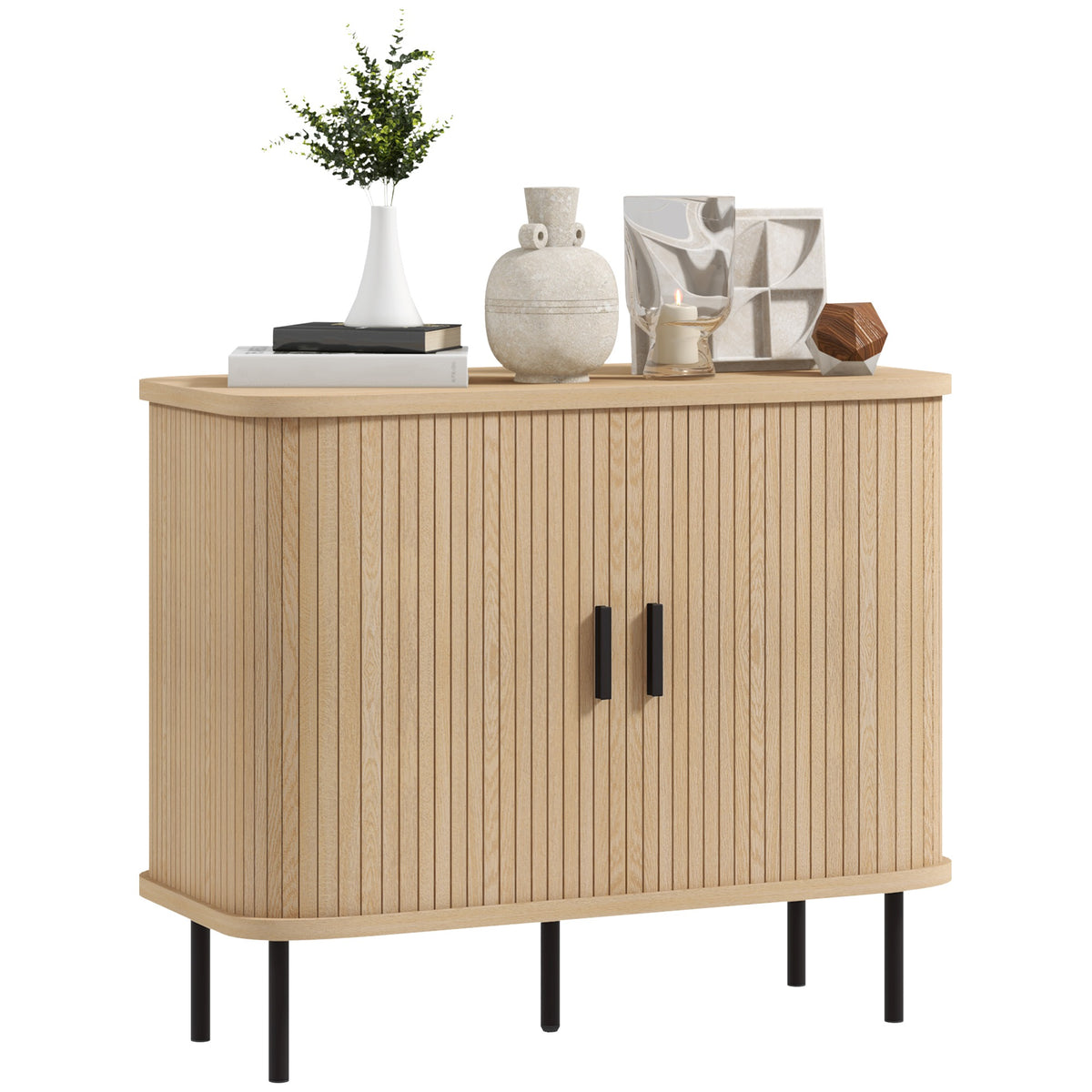 HOMCOM Mid-Century Modern Sideboard Storage Cabinet with Slatted Tambour Sliding Doors, Kitchen Cabinet with Steel Legs, Oak Tone 