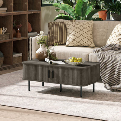 HOMCOM Coffee Table with Storage, Living Room Table with Slatted Tambour Sliding Doors and Foot Pads, Rectangular Coffee Table with Elevated Base for Living Room, Grey Wood-Effect 