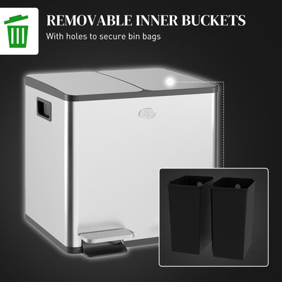 HOMCOM 30L Dual Compartment Stainless Steel Bin, with Deodoriser Holders - Silver Tone 