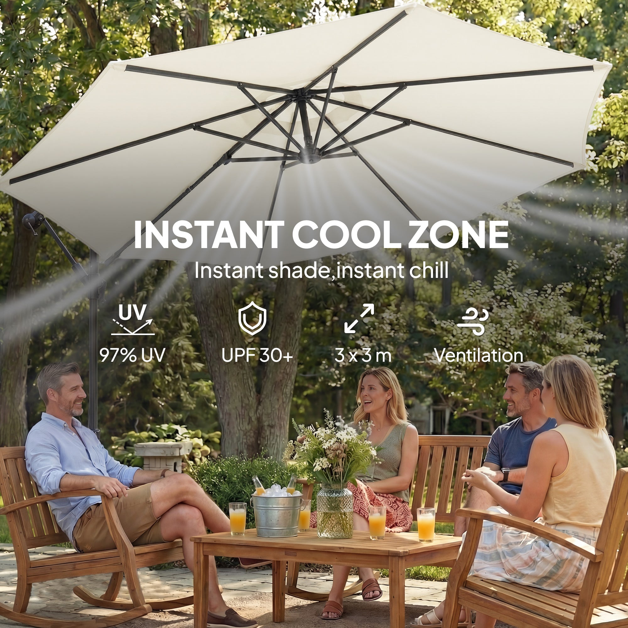 Outsunny 3 m Garden Cantilever Parasol with Cross Base, Sandbag, 360° Rotating Overhanging Banana Umbrella, Cream White 