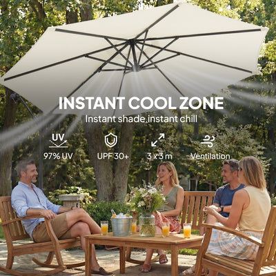 Outsunny 3 m Garden Cantilever Parasol with Cross Base, Sandbag, 360° Rotating Overhanging Banana Umbrella, Cream White 