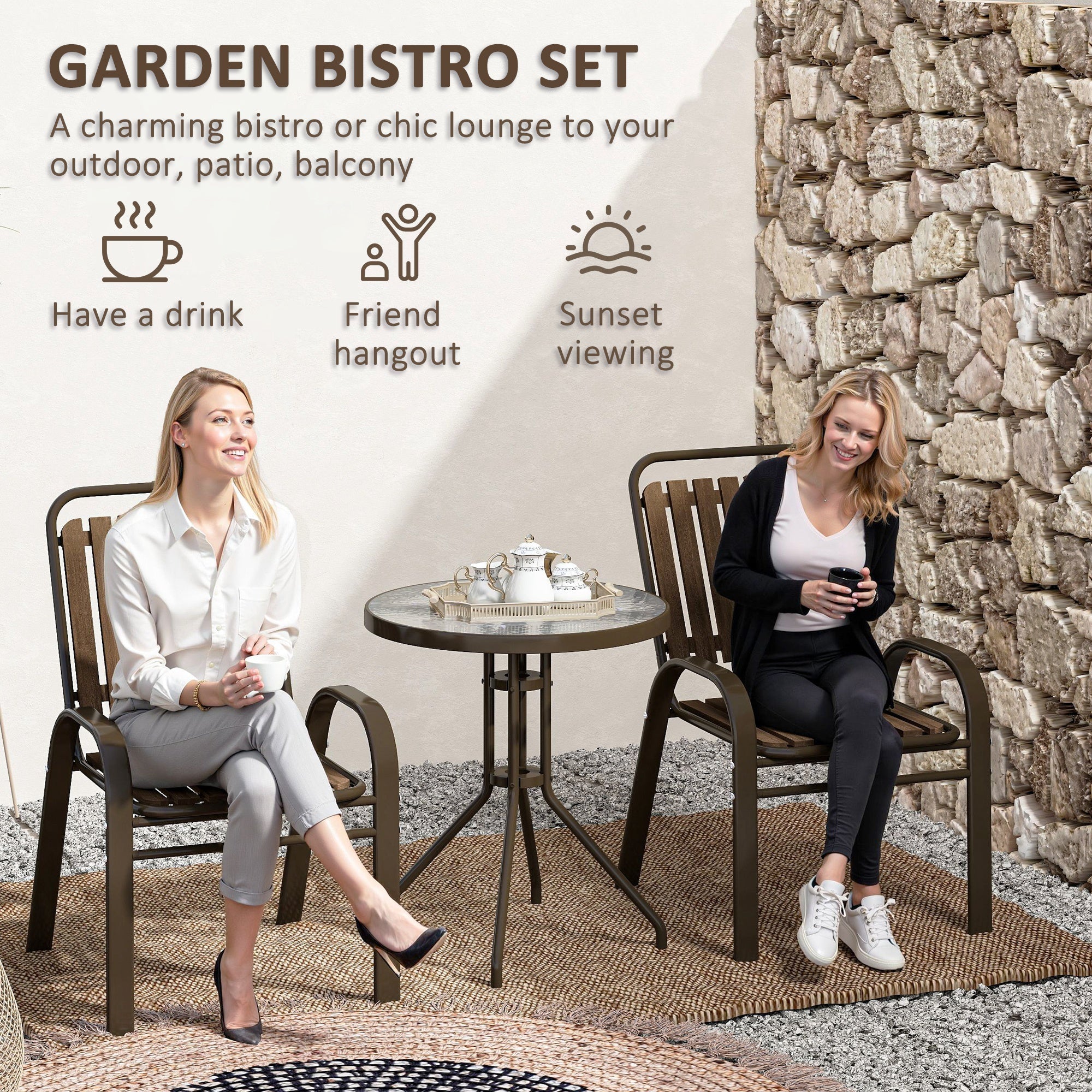 Outsunny 3 Pieces Patio Bistro Set with Stackable Chairs, Tempered Glass Table, for Outdoor, Balcony, Patio, Garden, Dark Brown 