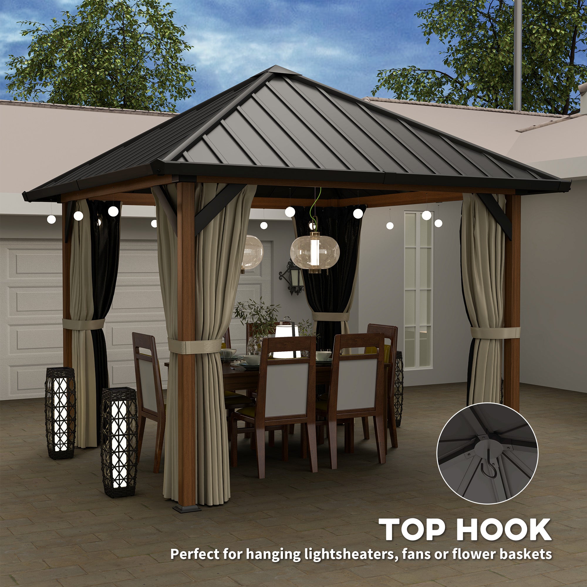 Outsunny 3 x 3(m) Hardtop Gazebo with Galvanised Steel Roof and Water Gutter, Waterproof Permanent Pavilion Garden Gazebo with Netting and Curtains for Patio, Deck, Walnut Wood Finish