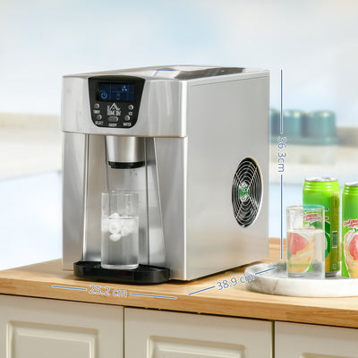 HOMCOM Ice Maker Machine and Water Dispenser, Counter Top Ice Cube Maker for Home with 3L Tank, Adjustable Cube Size, 9 Ice Cubes per 6-10 Minutes, No Plumbing Required, Silver 