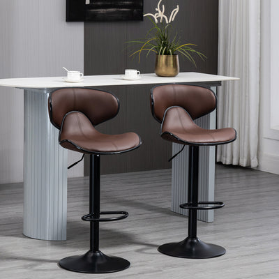 HOMCOM Adjustable Swivel Bar Stools Set of 2, Barstools with Footrest and Backrest, Steel Frame Gas Lift, for Kitchen Counter Dining Room, Brown 
