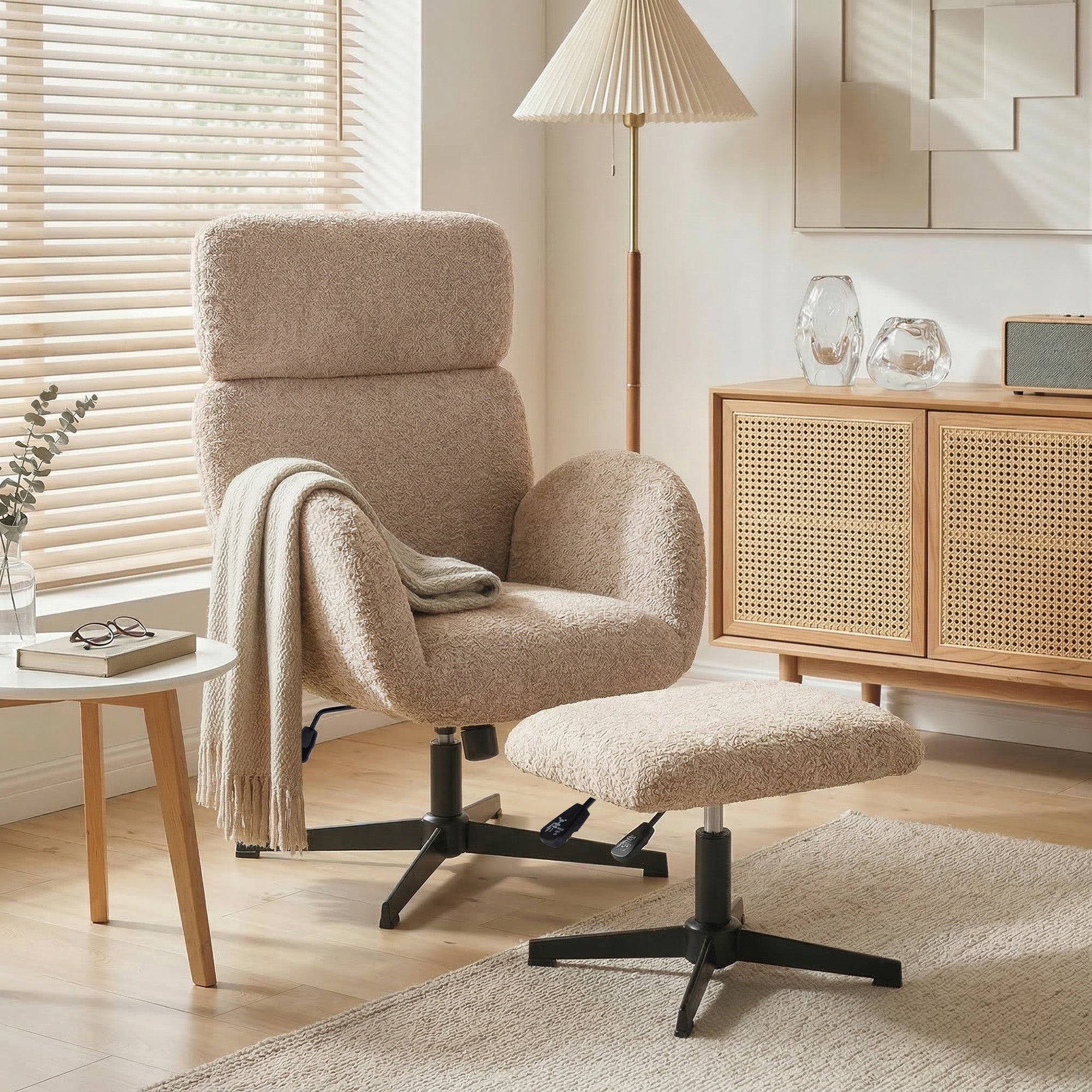 HOMCOM Swivel Armchair and Footstool Set, Height Adjustable Accent Chair with Adjustable Headrest, Rocking Function, Light Brown 