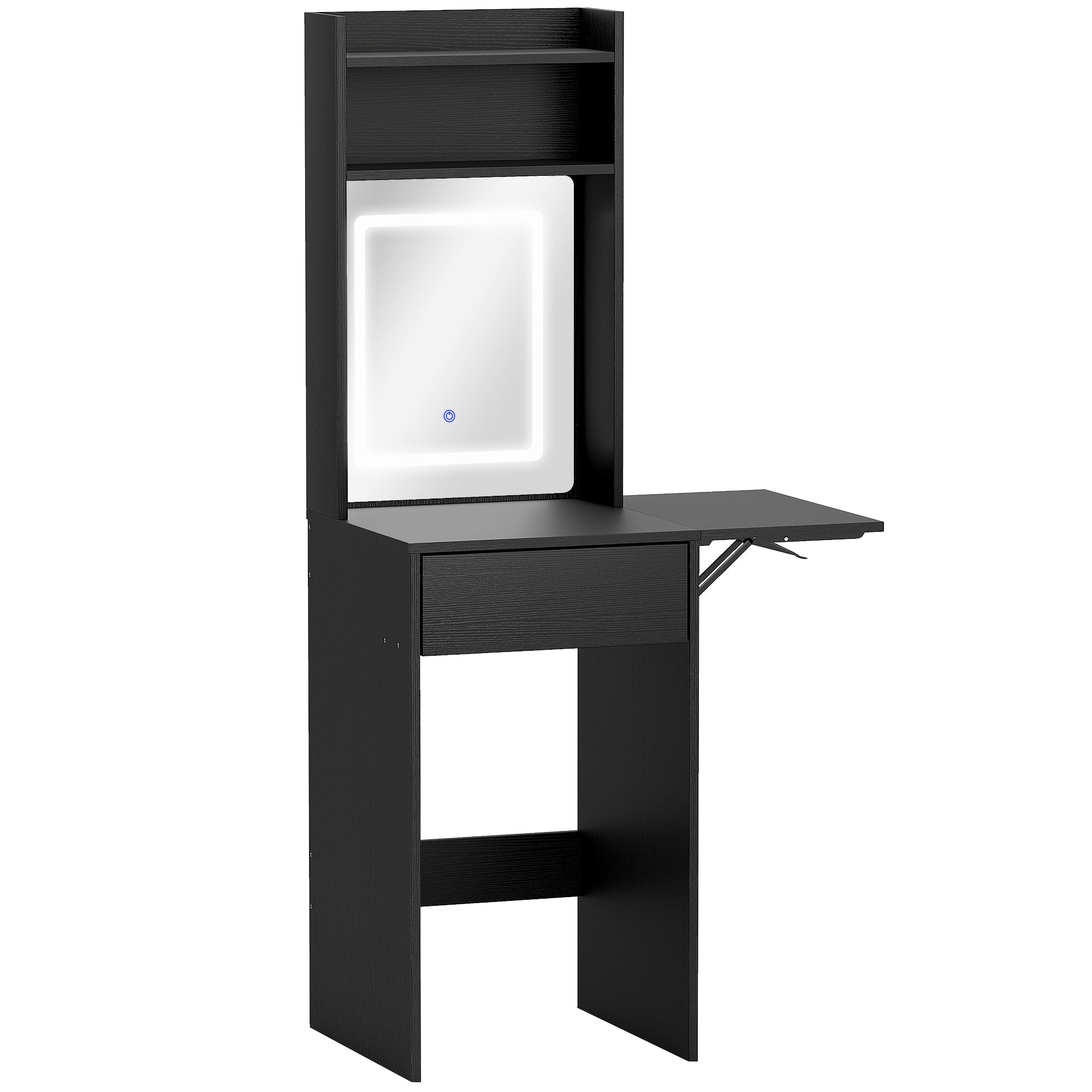 HOMCOM Small Vanity Desk with Mirror and LED Lights, Compact Dressing Table with Drop Leaf, Open Shelves and Drawer, Black 