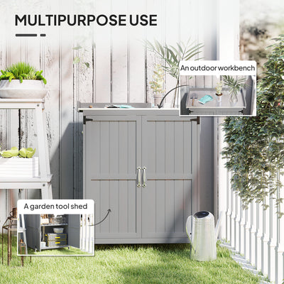 Outsunny Wooden Garden Shed, Garden Tool Storage Shed with Hinged Roof and Shelf, Outdoor Storage Cabinet with Double Doors, Grey 
