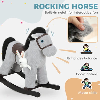 AIYAPLAY Baby Rocking Horse, Plush Ride on Toy with Handle Grip, Sound and Doll, Toddler Animal Rocker for Kids Aged 2-5, Grey 