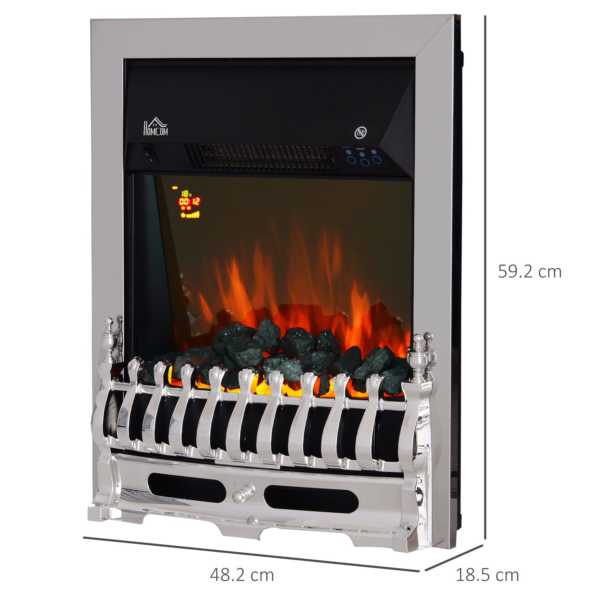 HOMCOM Contemporary Electric Fireplace Coal Burning Flame Effect Inset Fire Place Space Heater Glass View LED Lighting with Remote Control, 1000W/2000W 