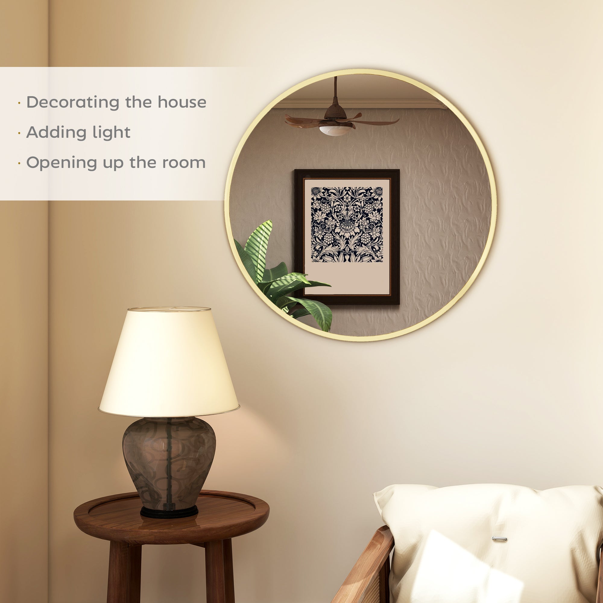 HOMCOM 61cm Decorative Wall Mirror for Bedroom Living Room, Modern Round Bathroom Mirror for Home Decor, Gold Tone 