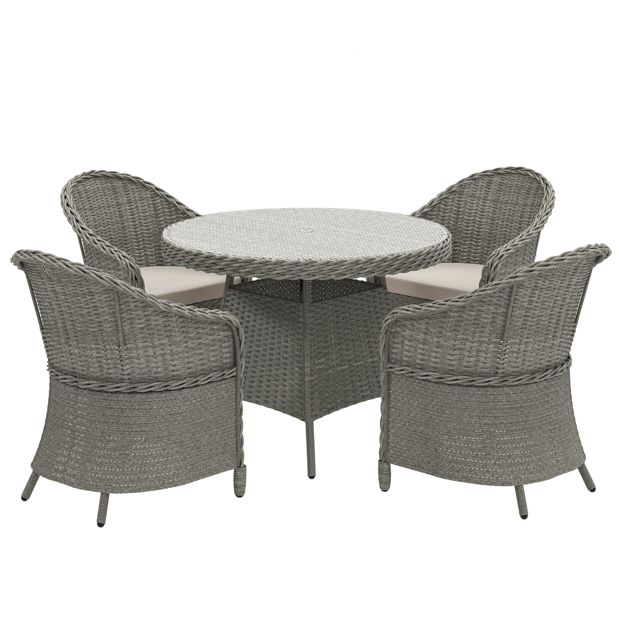 Outsunny 4 Seater Rattan Garden Furniture Set with Cushions, Round PE Rattan Dining Set with Glass-Top Table, Umbrella Hole, Outdoor Garden Table and Chairs, Grey 