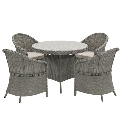 Outsunny 4 Seater Rattan Garden Furniture Set with Cushions, Round PE Rattan Dining Set with Glass-Top Table, Umbrella Hole, Outdoor Garden Table and Chairs, Grey 