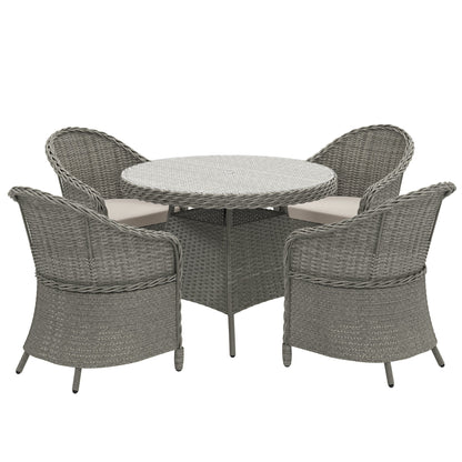 Outsunny 4 Seater Rattan Garden Furniture Set with Cushions, Round PE Rattan Dining Set with Glass-Top Table, Umbrella Hole, Outdoor Garden Table and Chairs, Grey 