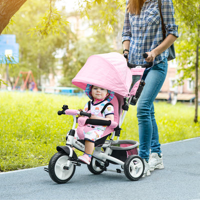HOMCOM 6 in 1 Kids Trike with Parent Handle, Canopy, 5-point Safety Belt, Storage, Footrest, Brake, for 1-5 Years, Pink 