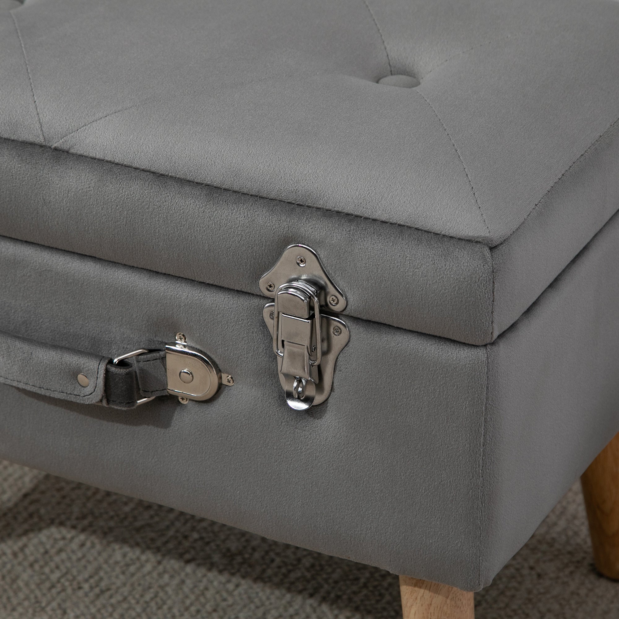 HOMCOM Elegant Velvet Footstool Pouffe Storage Trunk Stool Wood Legs Foot Pads Home Bedroom Hallyway Unique Storage Grey 