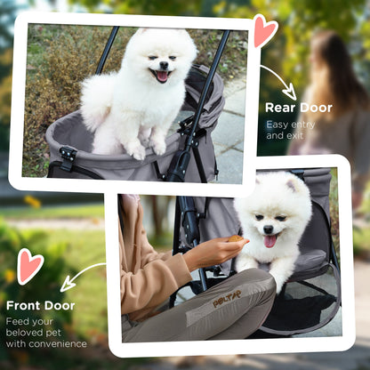 PawHut Dog Pram Dog Stroller Foldable Pet Pushchair with 4 Wheels, Safety Leashes, Cup Holder for Small Dogs, Grey 