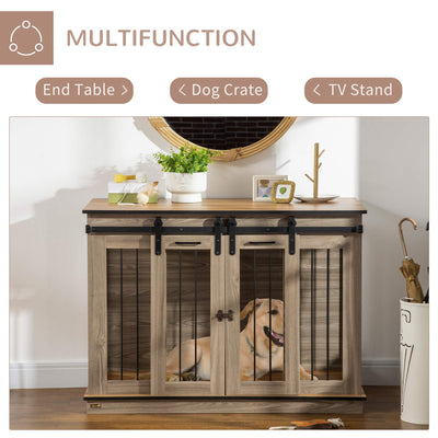PawHut Dog Crate Furniture for Large Dogs, Double Dog Cage for Small Dogs, with Sliding Doors - Oak Tone 