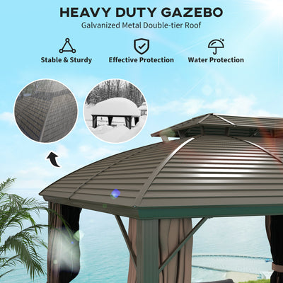 Outsunny 3.65 x 3(m) Hardtop Steel Gazebo Canopy with Aluminium Frame, Double Roof, Net Sidewalls and Curtains, Coffee 