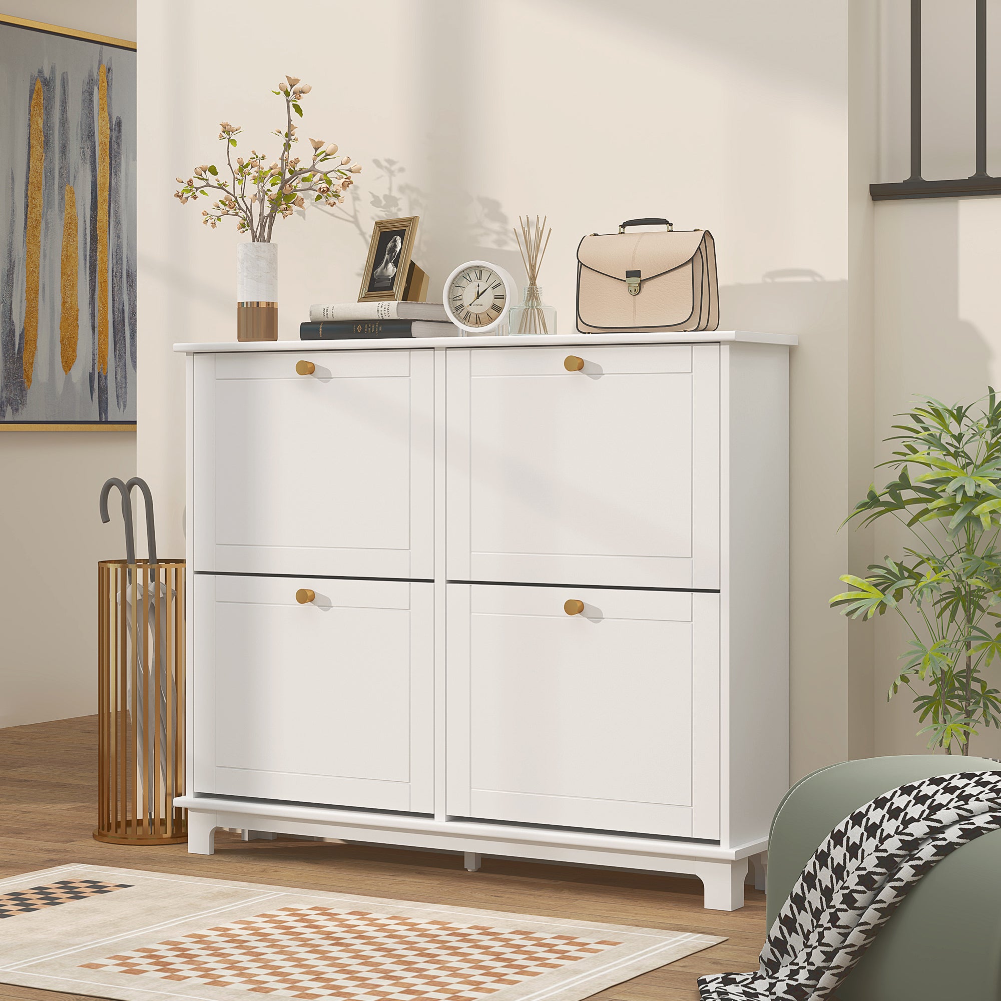 HOMCOM Narrow Shoe Storage Cabinet, Slim Shoe Cabinet with 4 Flip Drawers, Adjustable Shelves for 16 Pairs of Shoes, White