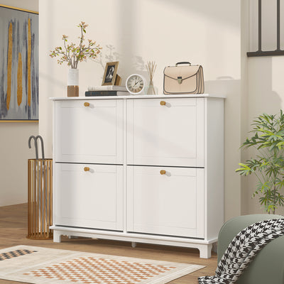 HOMCOM Narrow Shoe Storage Cabinet, Slim Shoe Cabinet with 4 Flip Drawers, Adjustable Shelves for 16 Pairs of Shoes, White 