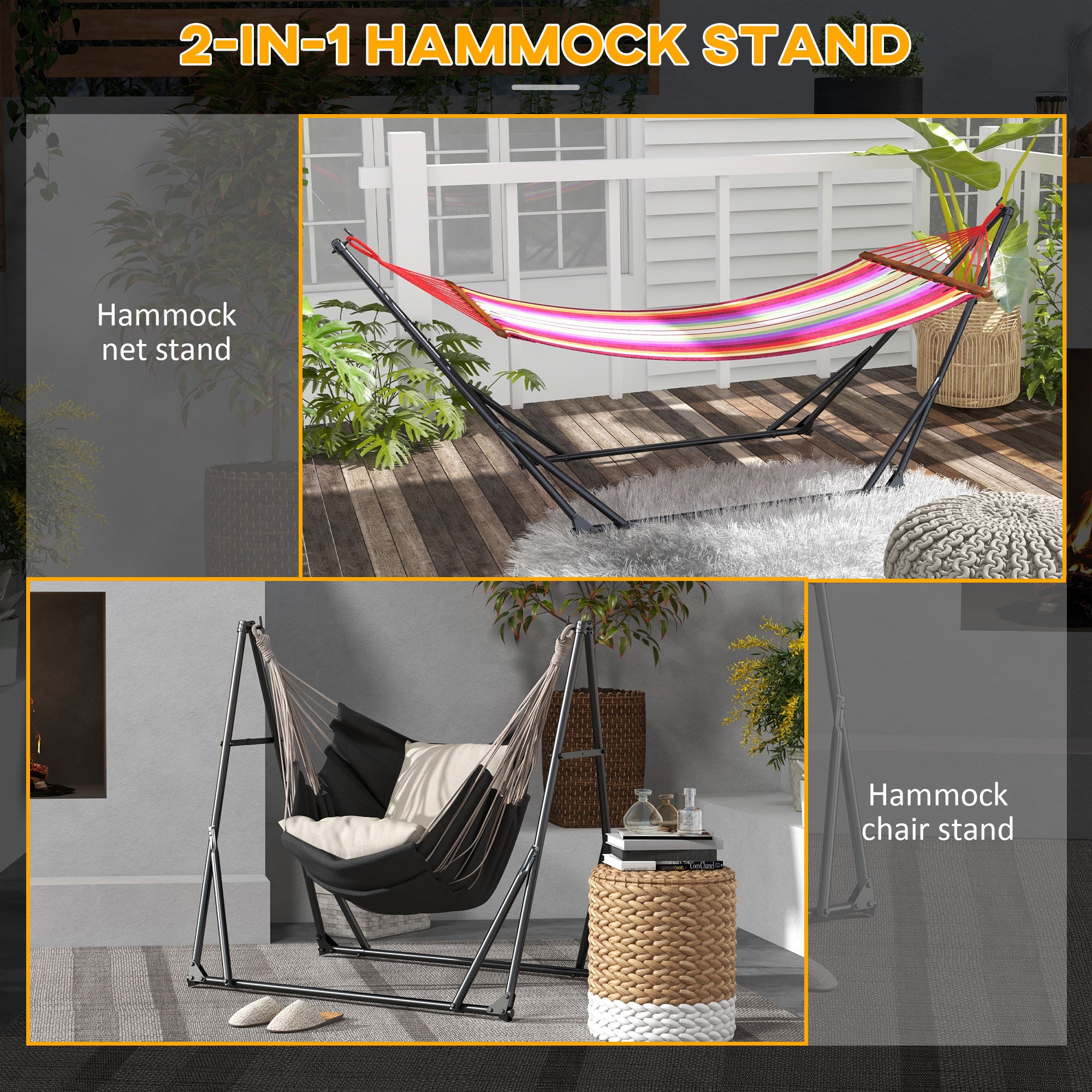 Outsunny Foldable Hammock Stand, Portable Hammock with Metal Frame, 2 in 1 Hammock Net Stand, Hammock Chair Stand with Carry Bag, Load Capacity 120kg, for Patio, Garden, Yard, Black 