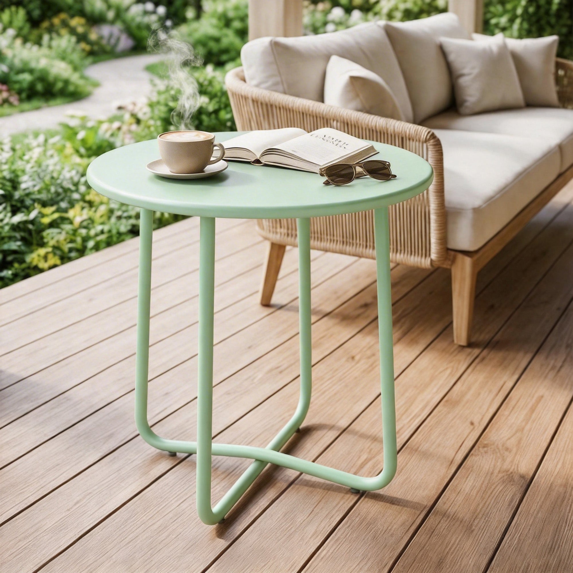 Outsunny 48 cm Round Garden Side Table, Small Metal Outdoor Garden Table with Rolled Edge, Green 