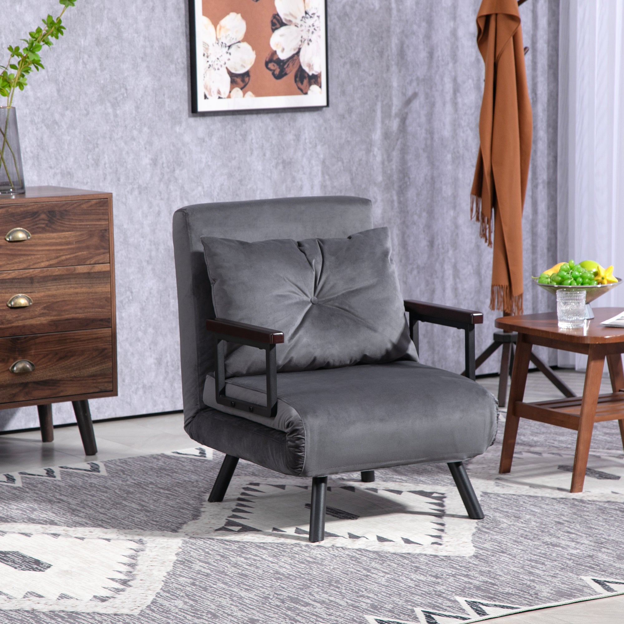 HOMCOM 4-in-1 Velvet-Feel Single Chair Bed, with Pillow - Charcoal Grey 