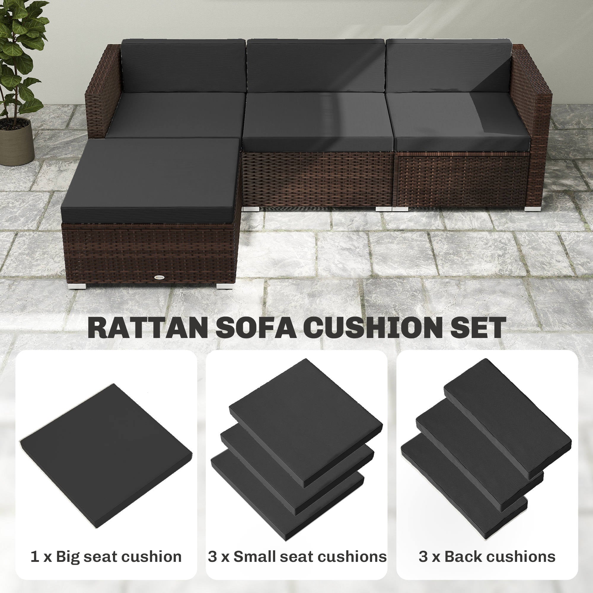 Outsunny 7-Piece Patio Furniture Cushions, Outdoor Loveseat Cushion with Removable Covers for Rattan Furniture, 60x60 cm, Black 