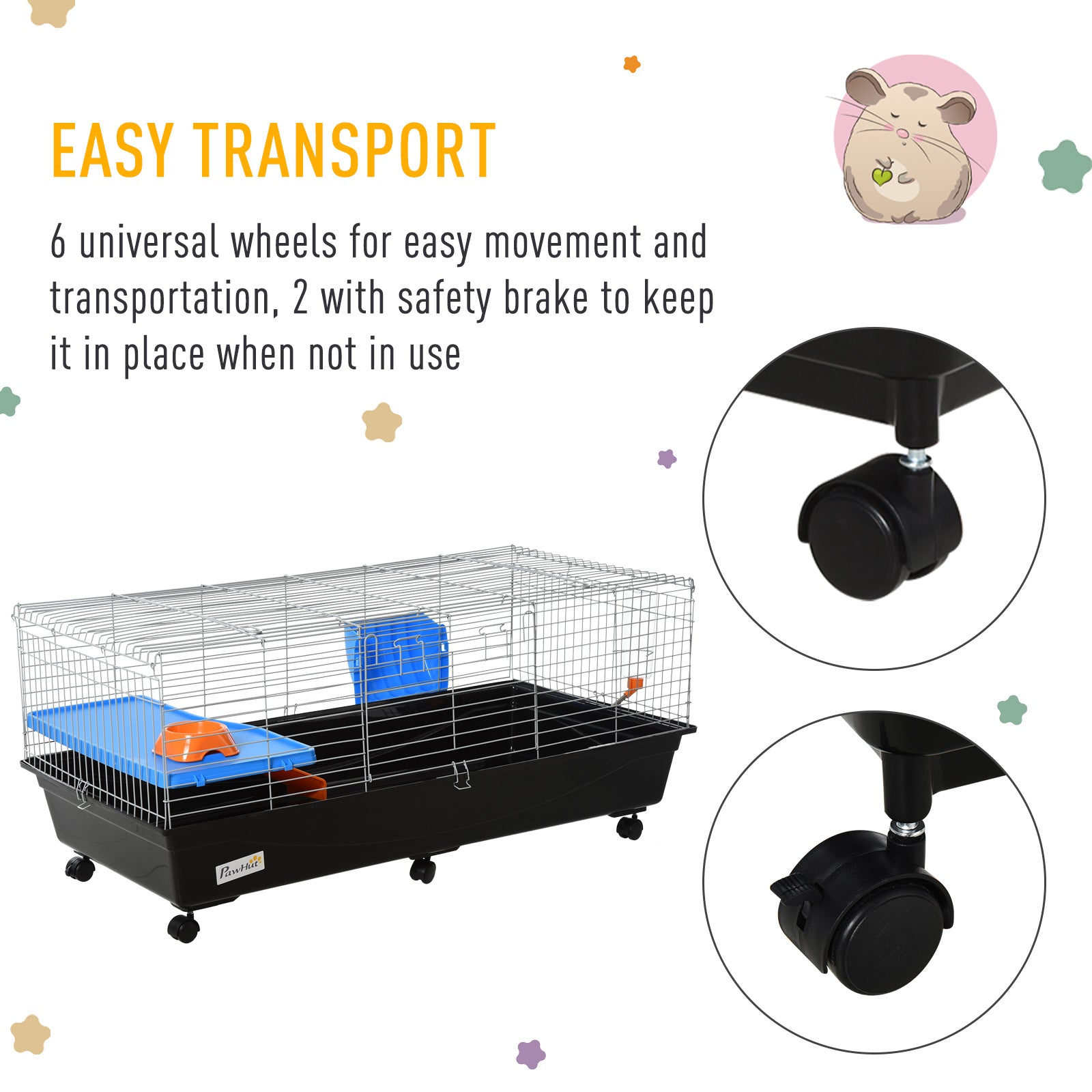 PawHut Small Animal Cage Rabbit Guinea Pigs Chinchillas Cage w/ Wheels Water Bottle Food Dish Platform Ramp 119 x 59 x 50 cm Black 