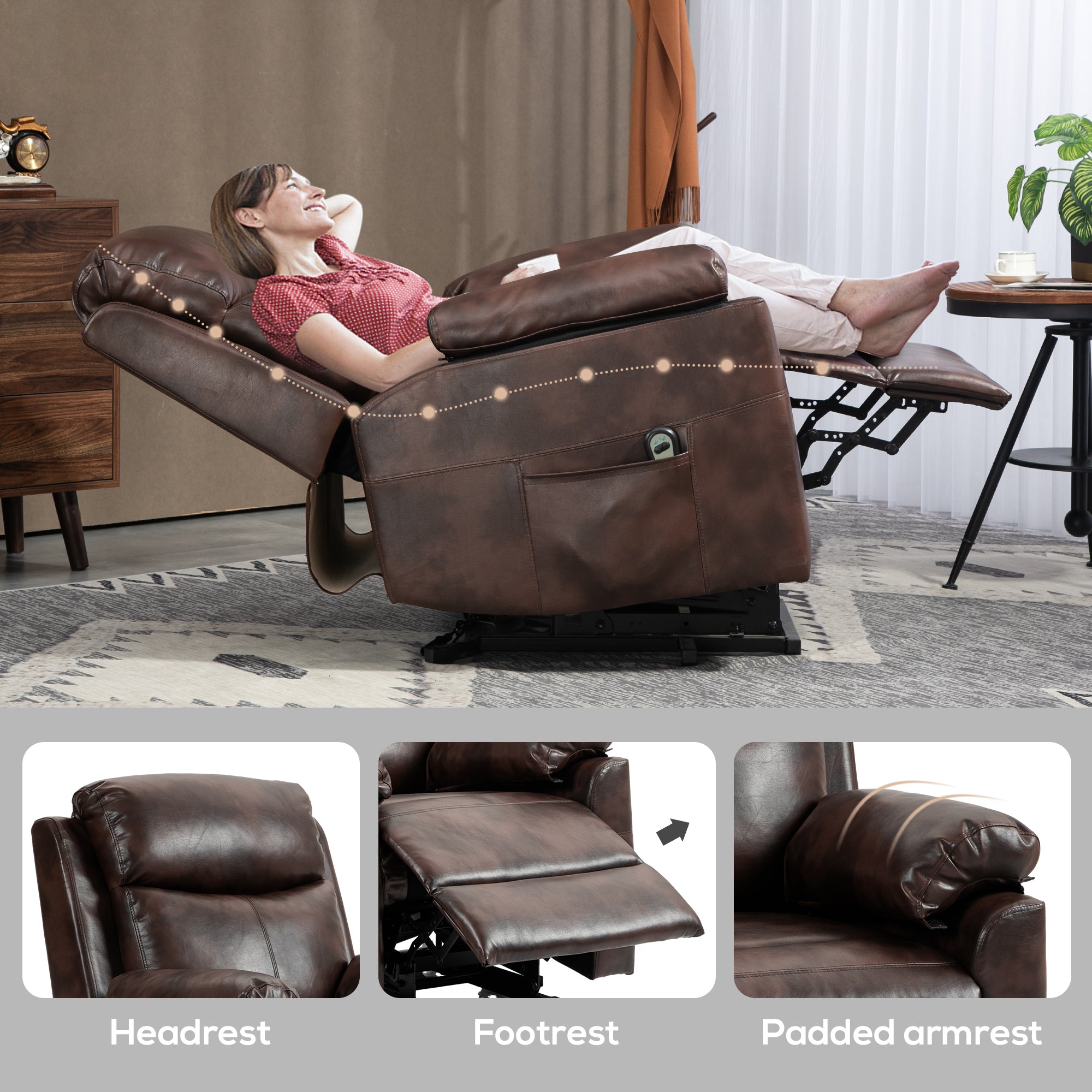 HOMCOM Faux Leather 70\'c2\'b0 Electric Riser Recliner Chair, Dark Brown