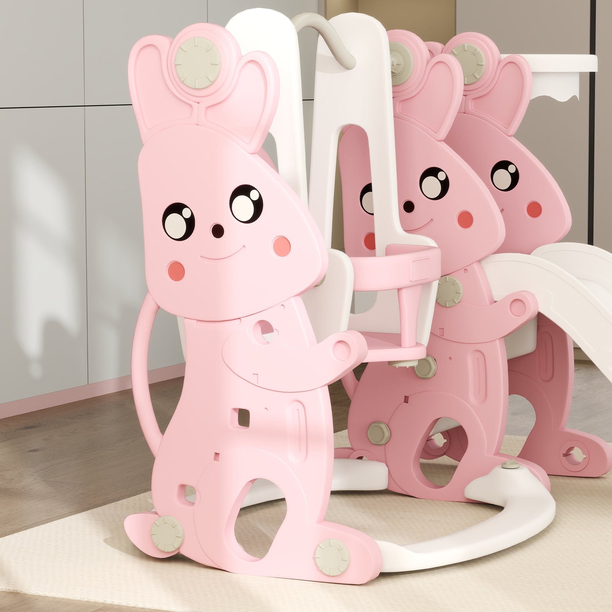 AIYAPLAY 4 in 1 Kids Slide and Swing Set with Climber, Basketball Hoop, Rabbit-Themed, Pink 