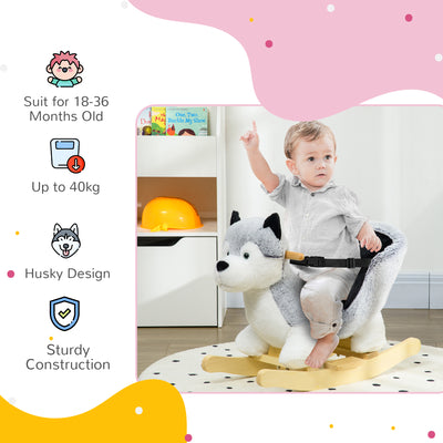 HOMCOM Baby Rocking Horse, Husky-Designed Plush Rocking Animal, with Sounds, Seatbelt, for Ages 18-36 Months - Grey 