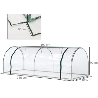 Outsunny Set of 2 Tunnel Greenhouse, Green Grow House with Roll-up Door, Steel Frame, Plastic Cover for Garden, Outdoor, 250 x 100 x 80cm, Clear 